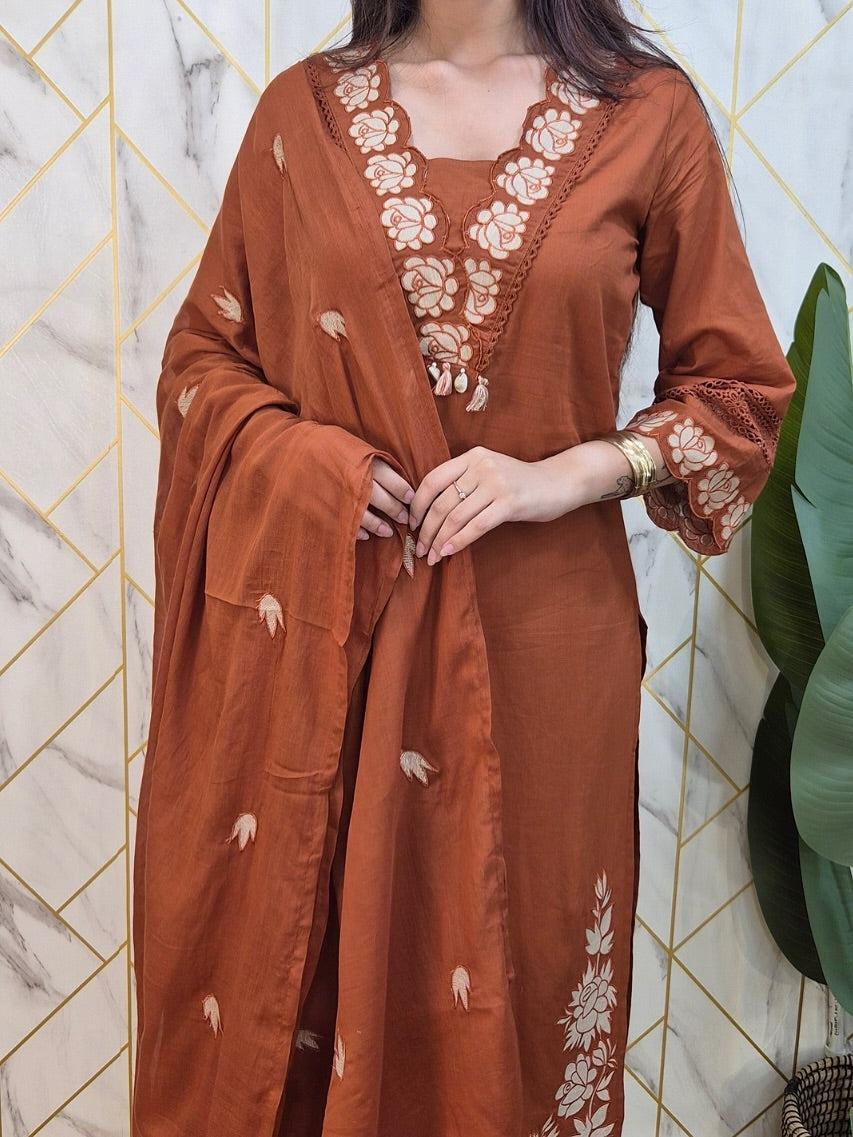 Rust Embroidered Cotton Suit Set with Dupatta