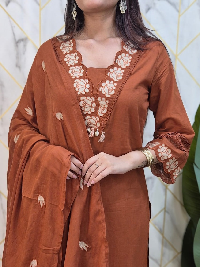 Rust Embroidered Cotton Suit Set with Dupatta