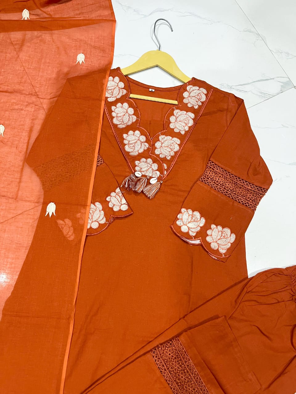 Rust Embroidered Cotton Suit Set with Dupatta