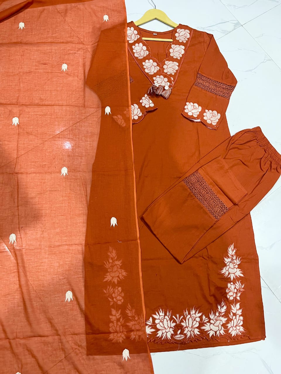 Rust Embroidered Cotton Suit Set with Dupatta