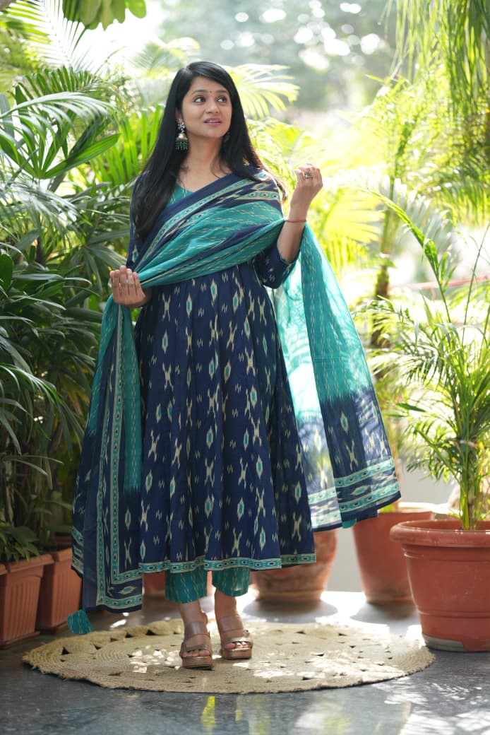 Blue Ikat Geometric Print Flared Cotton Ethnic Suit Set