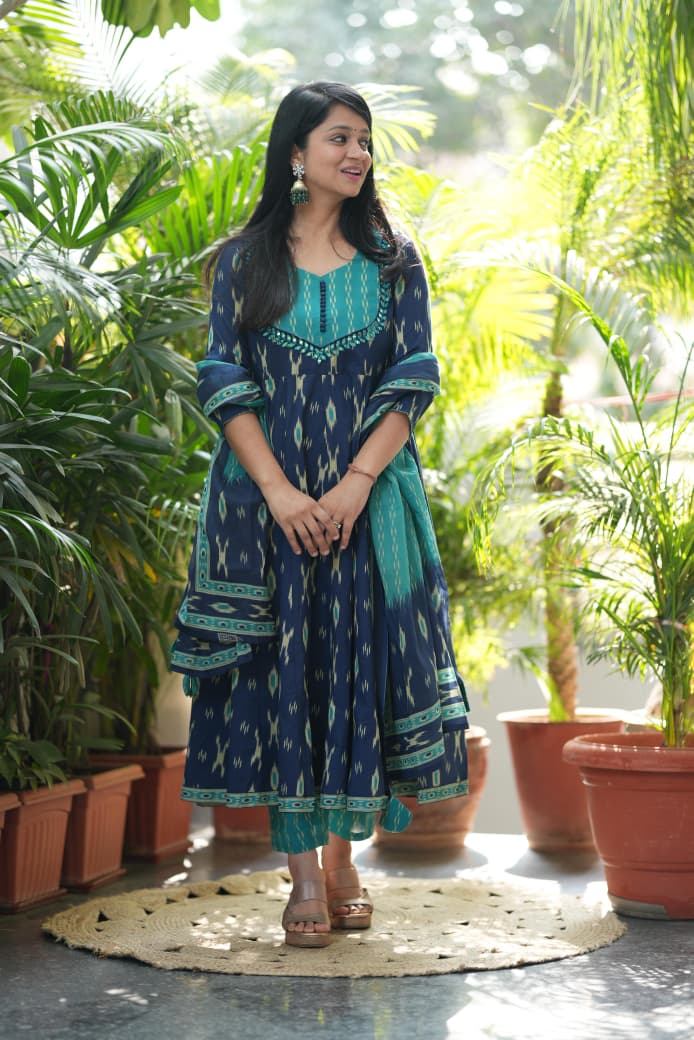 Blue Ikat Geometric Print Flared Cotton Ethnic Suit Set