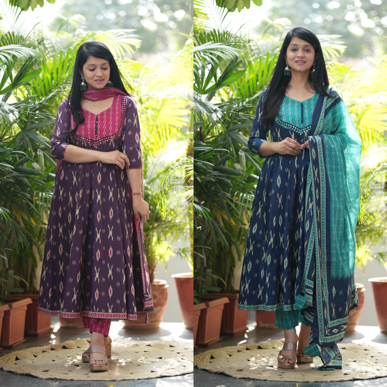 Blue Ikat Geometric Print Flared Cotton Ethnic Suit Set