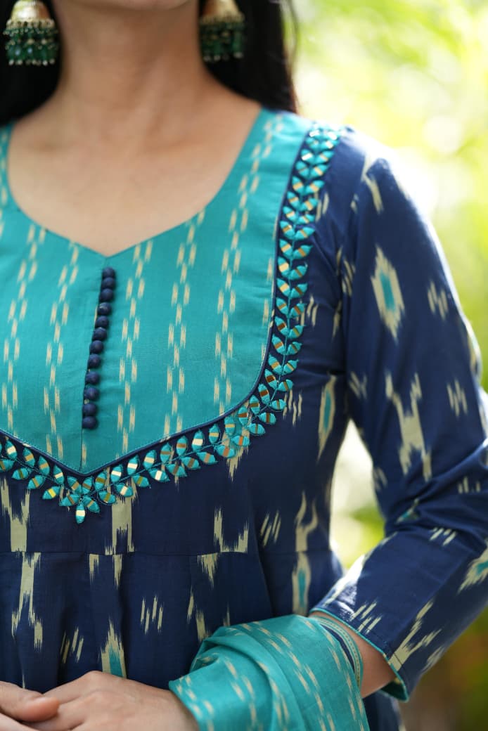 Blue Ikat Geometric Print Flared Cotton Ethnic Suit Set