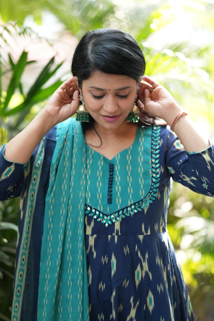 Blue Ikat Geometric Print Flared Cotton Ethnic Suit Set