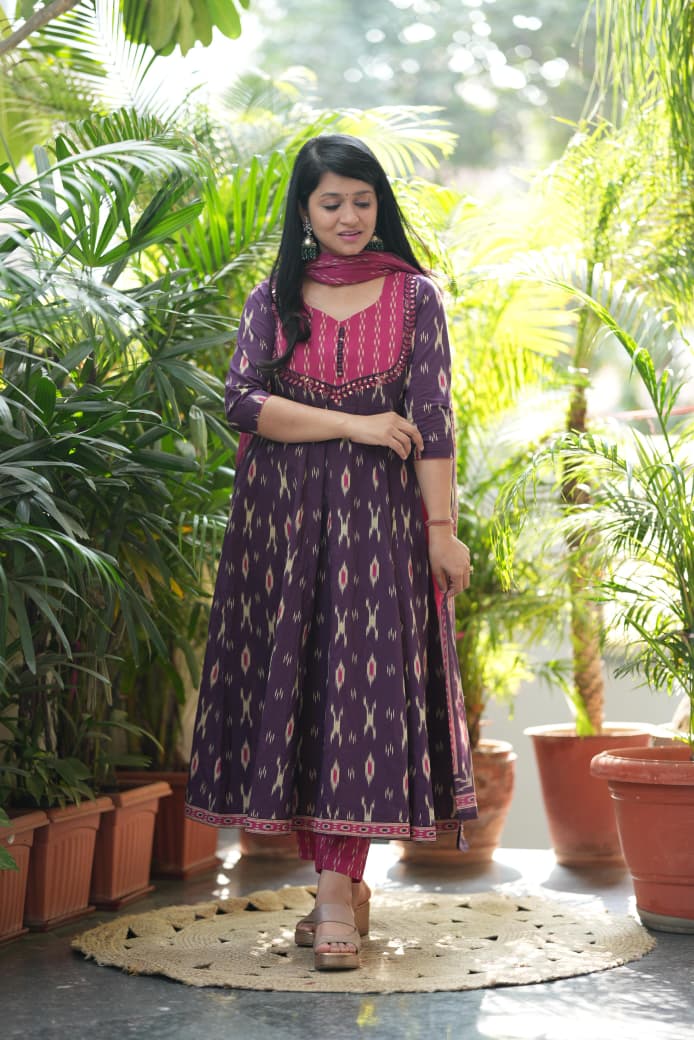 Purple Ikat Geometric Print Flared Cotton Ethnic Suit Set