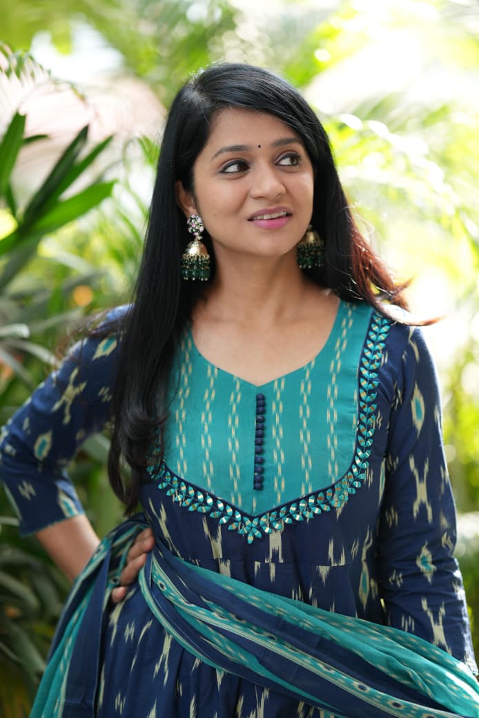 Blue Ikat Geometric Print Flared Cotton Ethnic Suit Set