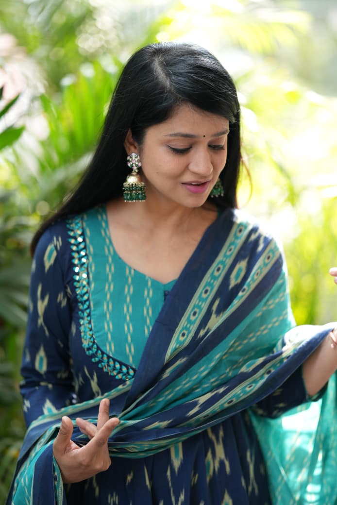 Blue Ikat Geometric Print Flared Cotton Ethnic Suit Set