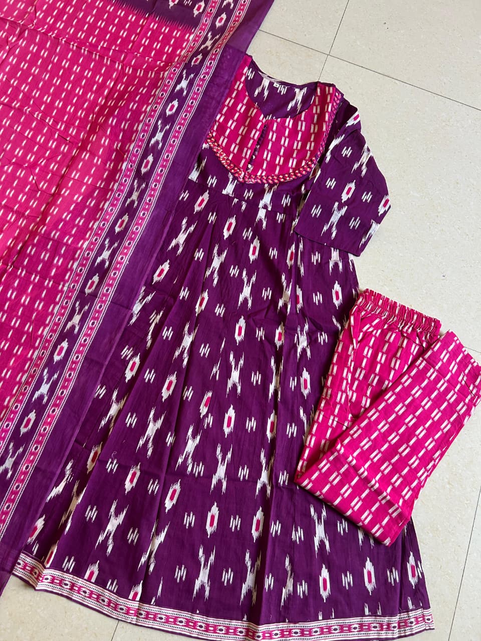 Purple Ikat Geometric Print Flared Cotton Ethnic Suit Set