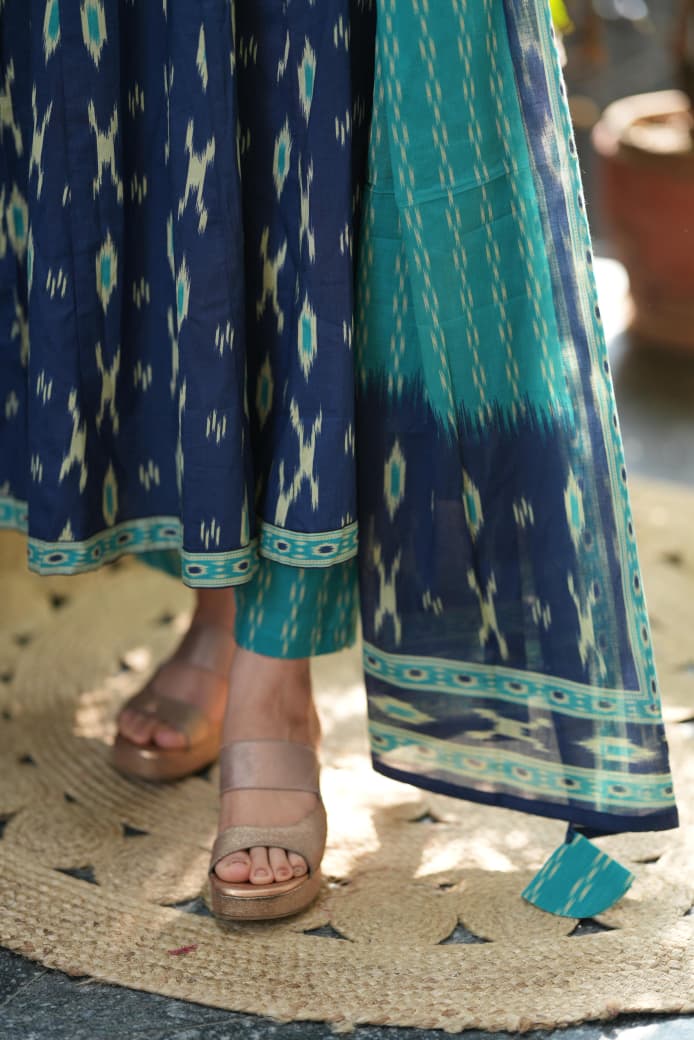 Blue Ikat Geometric Print Flared Cotton Ethnic Suit Set