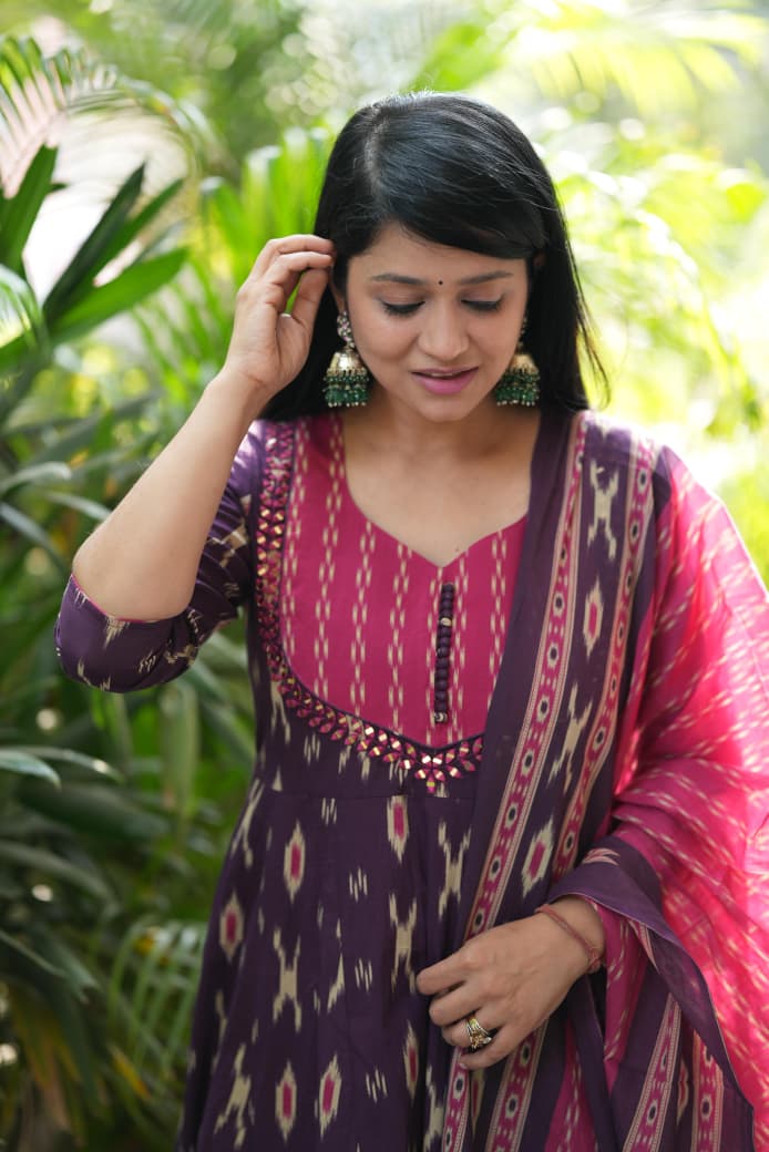 Purple Ikat Geometric Print Flared Cotton Ethnic Suit Set