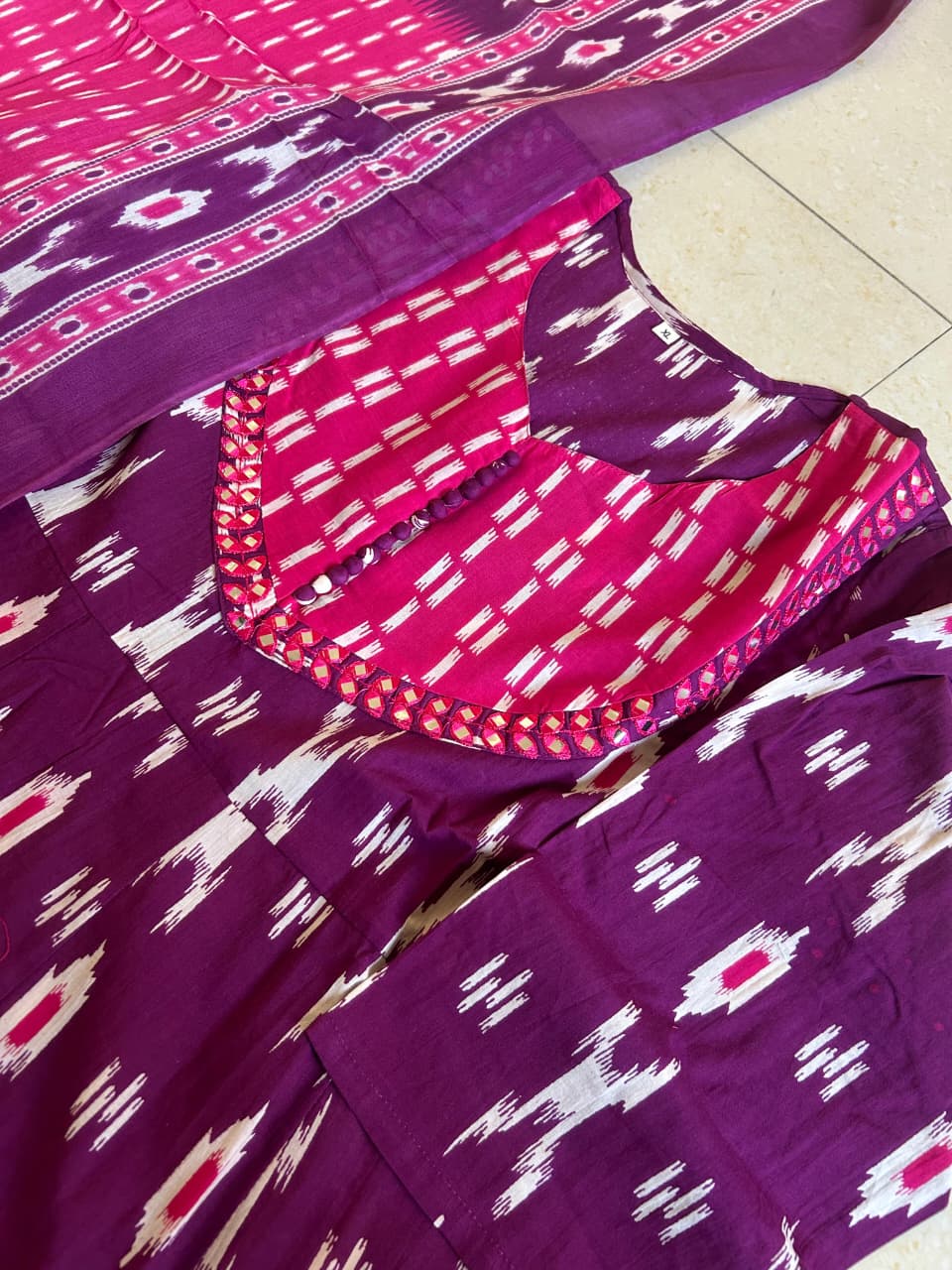 Purple Ikat Geometric Print Flared Cotton Ethnic Suit Set