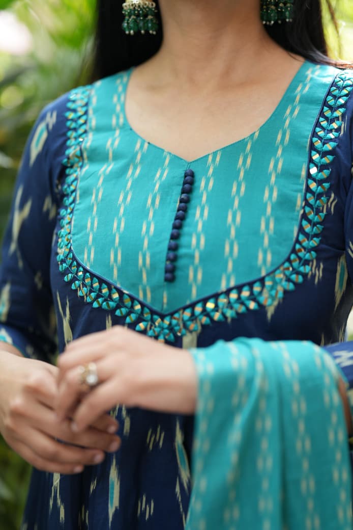 Blue Ikat Geometric Print Flared Cotton Ethnic Suit Set