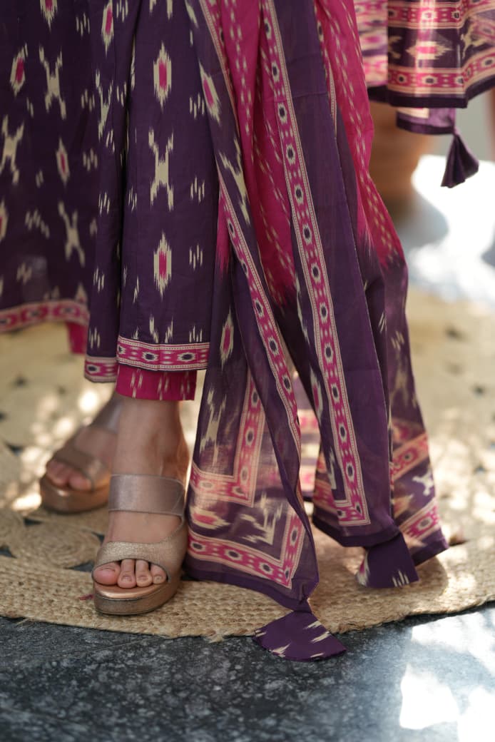 Purple Ikat Geometric Print Flared Cotton Ethnic Suit Set