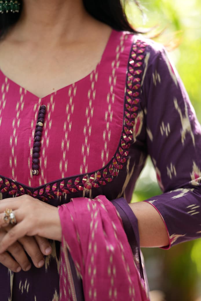 Purple Ikat Geometric Print Flared Cotton Ethnic Suit Set