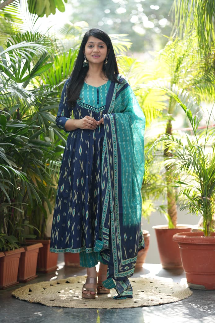 Blue Ikat Geometric Print Flared Cotton Ethnic Suit Set