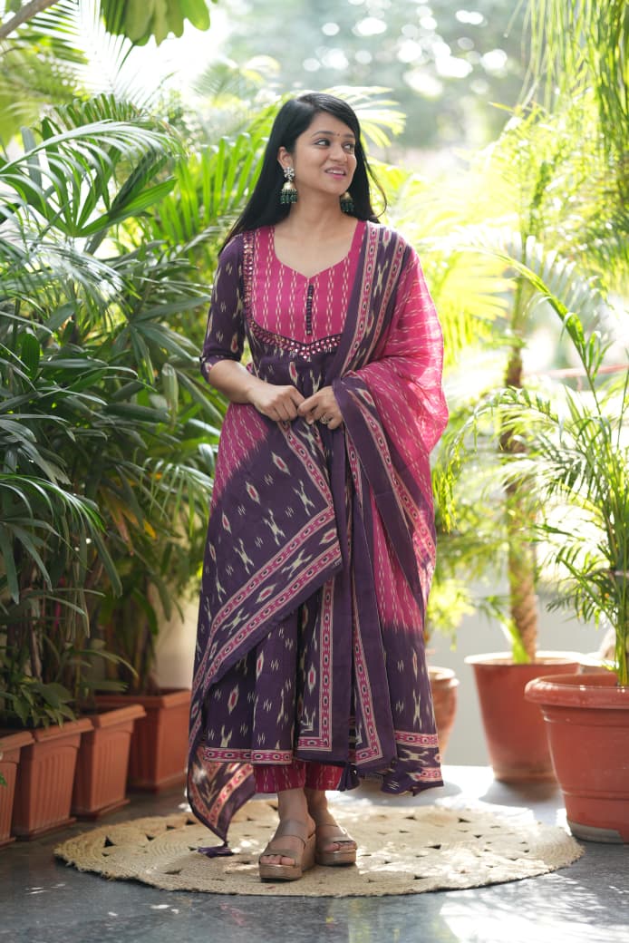 Purple Ikat Geometric Print Flared Cotton Ethnic Suit Set