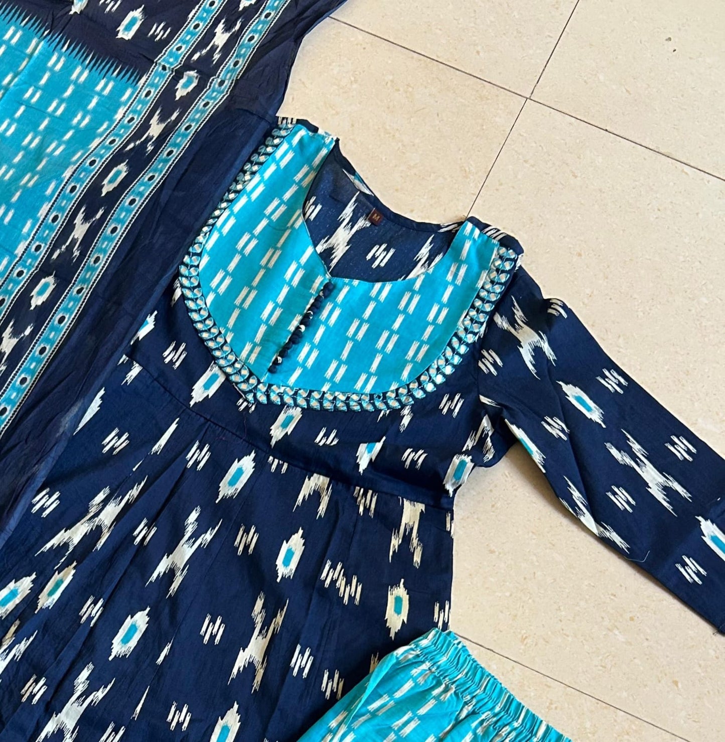 Blue Ikat Geometric Print Flared Cotton Ethnic Suit Set