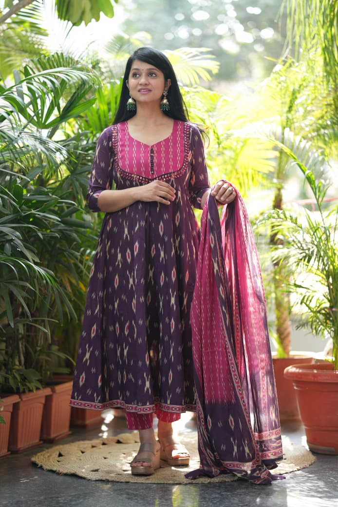 Purple Ikat Geometric Print Flared Cotton Ethnic Suit Set