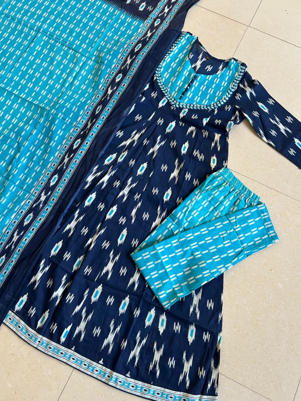 Blue Ikat Geometric Print Flared Cotton Ethnic Suit Set