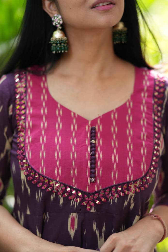 Purple Ikat Geometric Print Flared Cotton Ethnic Suit Set