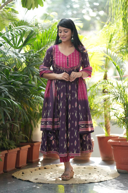 Purple Ikat Geometric Print Flared Cotton Ethnic Suit Set
