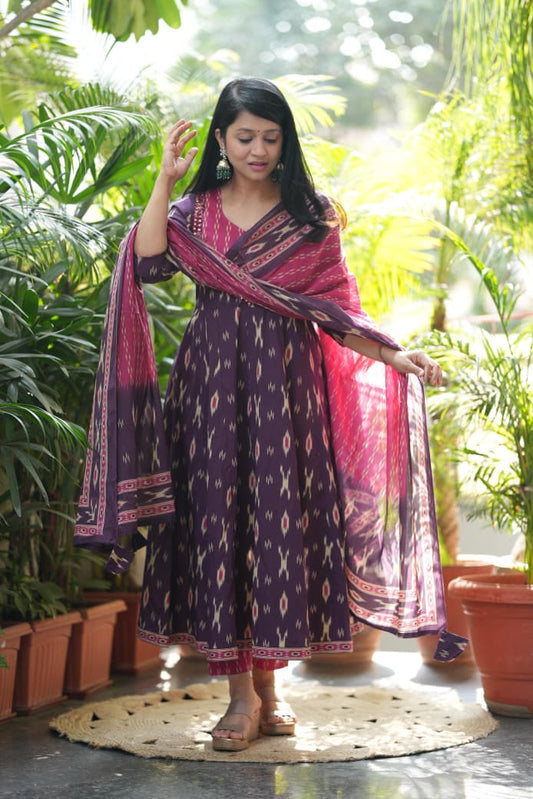 Purple Ikat Geometric Print Flared Cotton Ethnic Suit Set