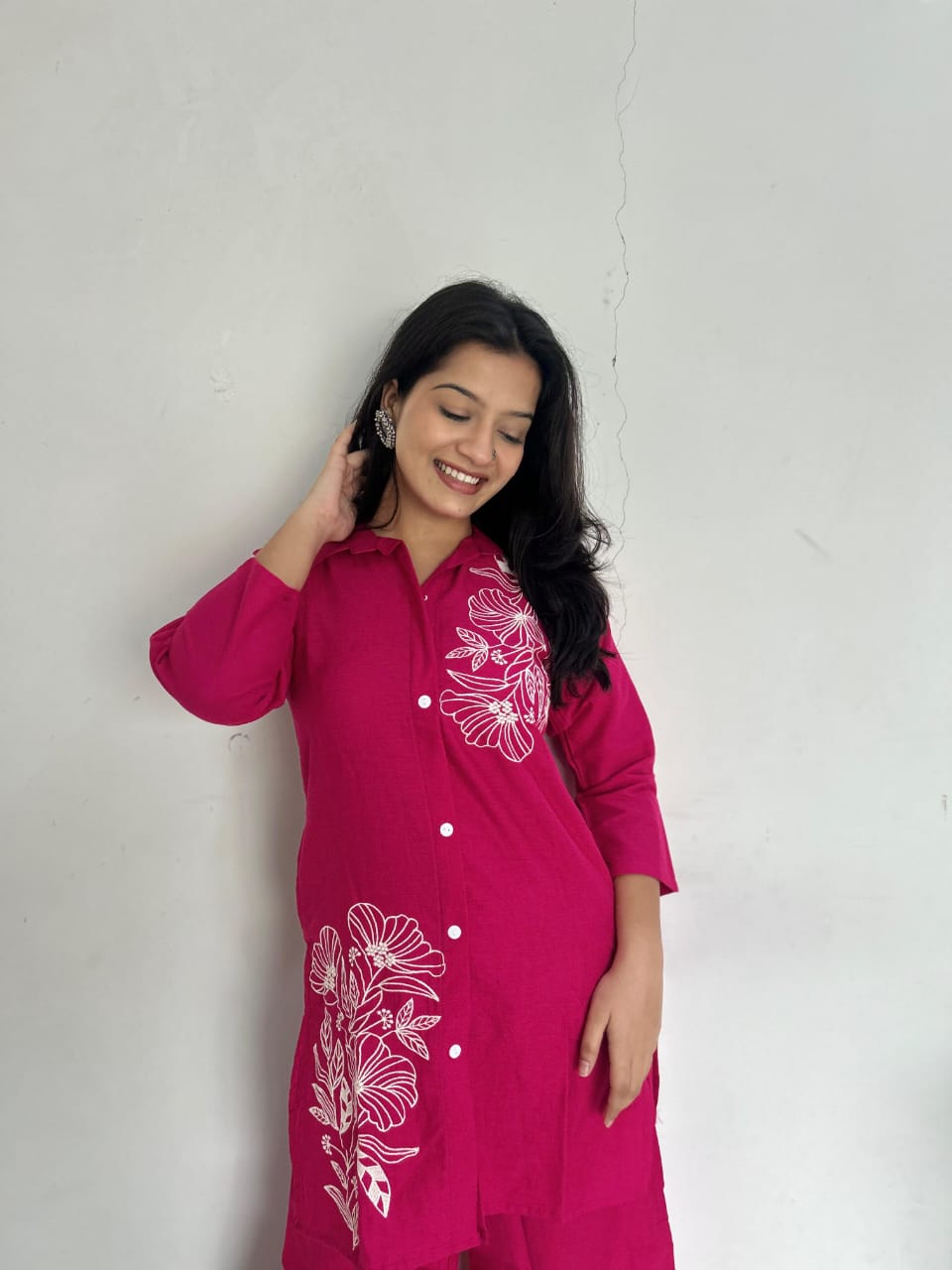 Pink Pure Cotton Button-Down Kurti and Palazzo Co-ord Set