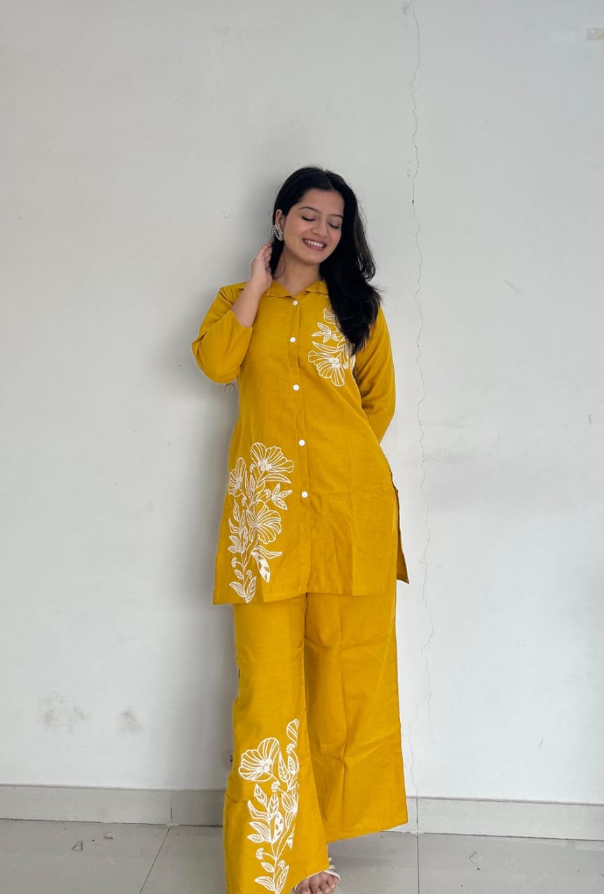Yellow Pure Cotton Button-Down Kurti and Palazzo Co-ord Set