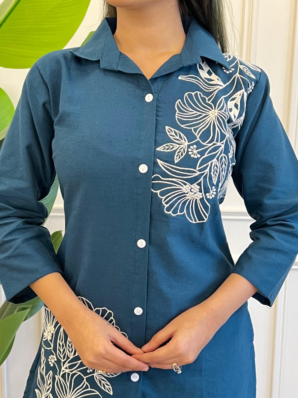 Teal Pure Cotton Button-Down Kurti and Palazzo Co-ord Set