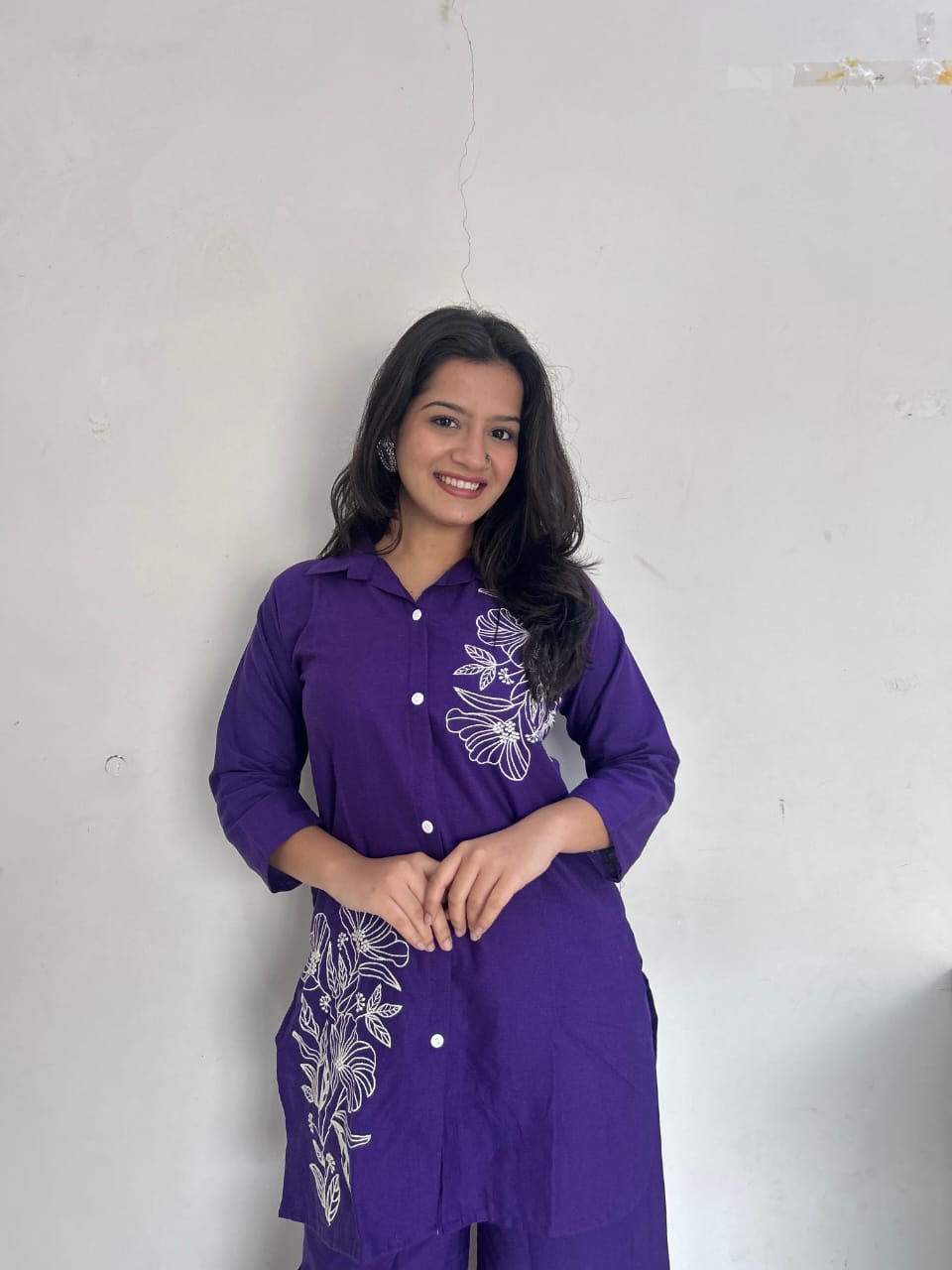 Purple Pure Cotton Button-Down Kurti and Palazzo Co-ord Set