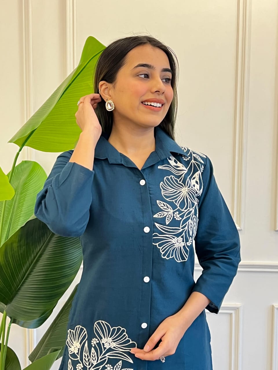 Teal Pure Cotton Button-Down Kurti and Palazzo Co-ord Set