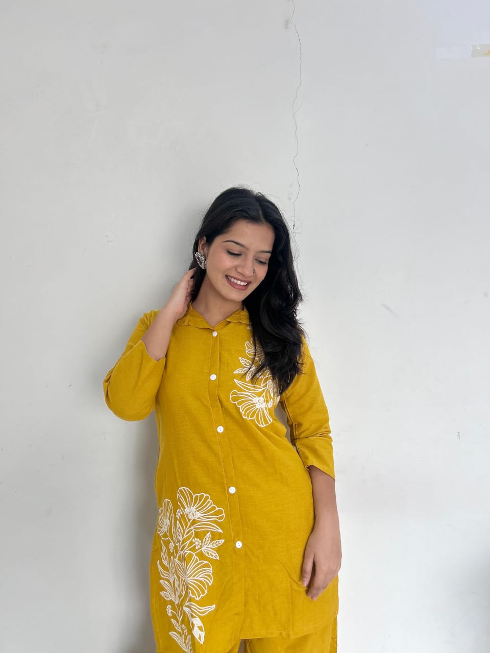 Yellow Pure Cotton Button-Down Kurti and Palazzo Co-ord Set