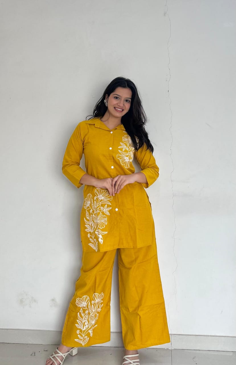 Yellow Pure Cotton Button-Down Kurti and Palazzo Co-ord Set