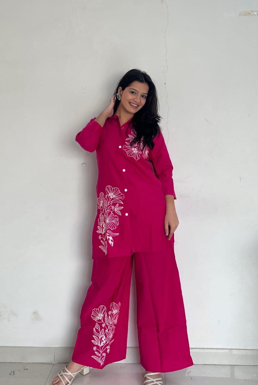 Pink Pure Cotton Button-Down Kurti and Palazzo Co-ord Set