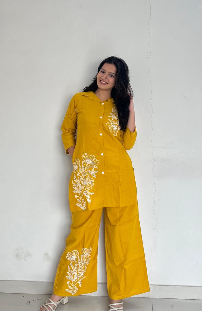 Yellow Pure Cotton Button-Down Kurti and Palazzo Co-ord Set