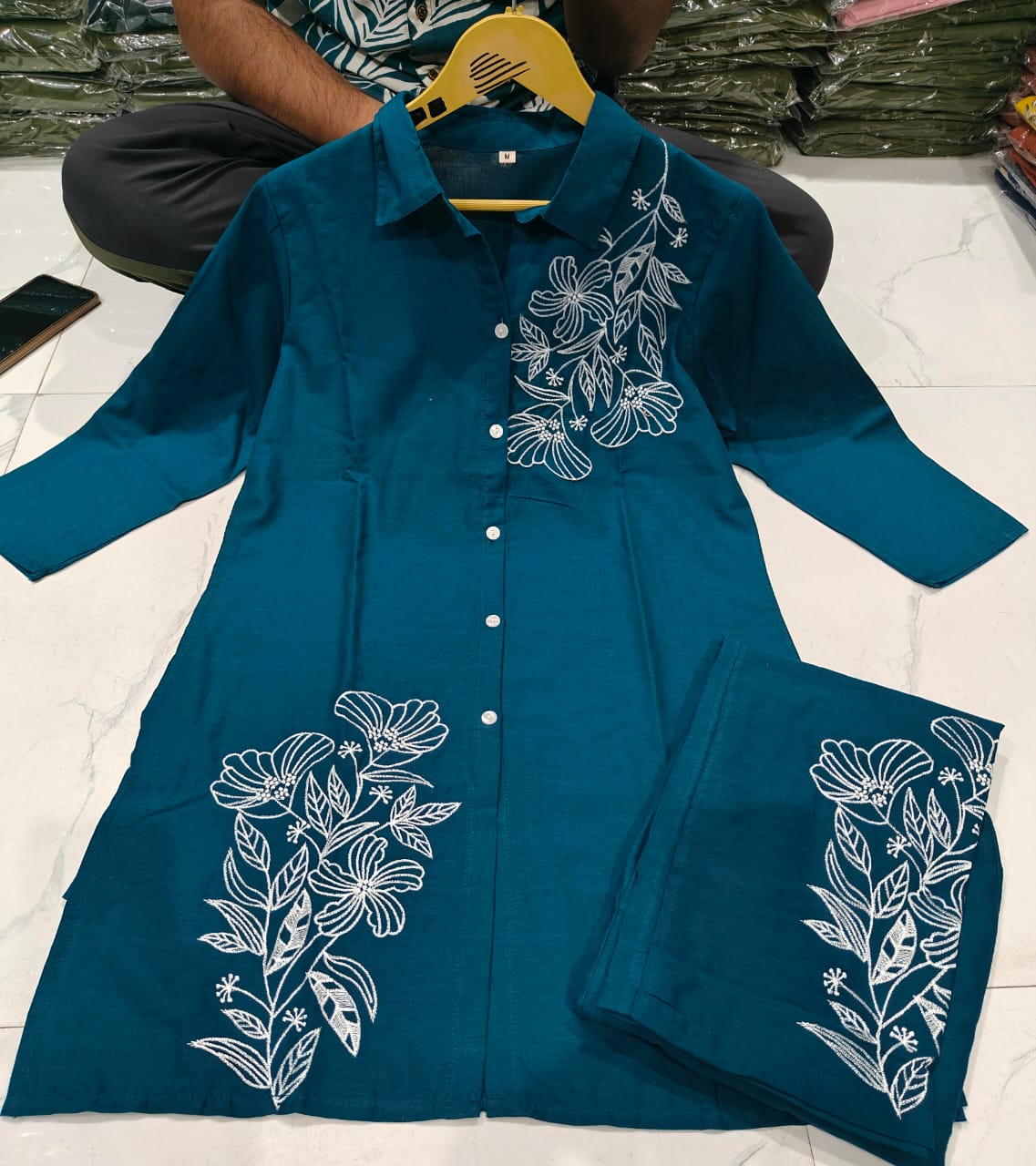 Teal Pure Cotton Button-Down Kurti and Palazzo Co-ord Set