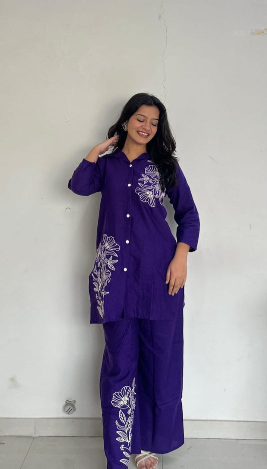 Purple Pure Cotton Button-Down Kurti and Palazzo Co-ord Set