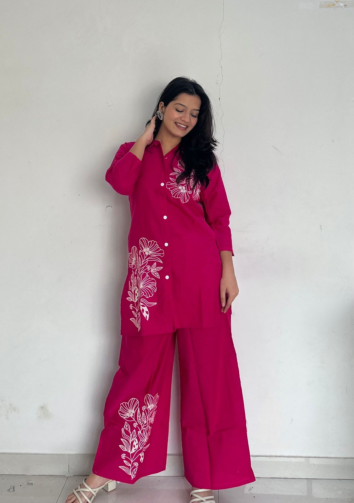 Pink Pure Cotton Button-Down Kurti and Palazzo Co-ord Set