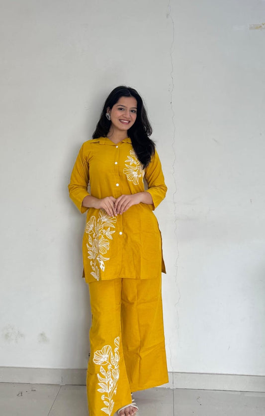 Yellow Pure Cotton Button-Down Kurti and Palazzo Co-ord Set