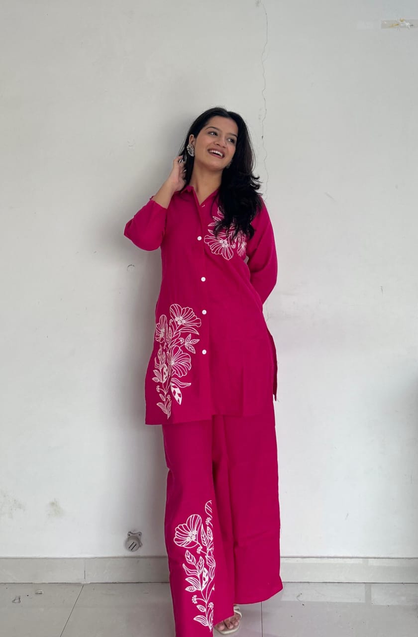 Pink Pure Cotton Button-Down Kurti and Palazzo Co-ord Set
