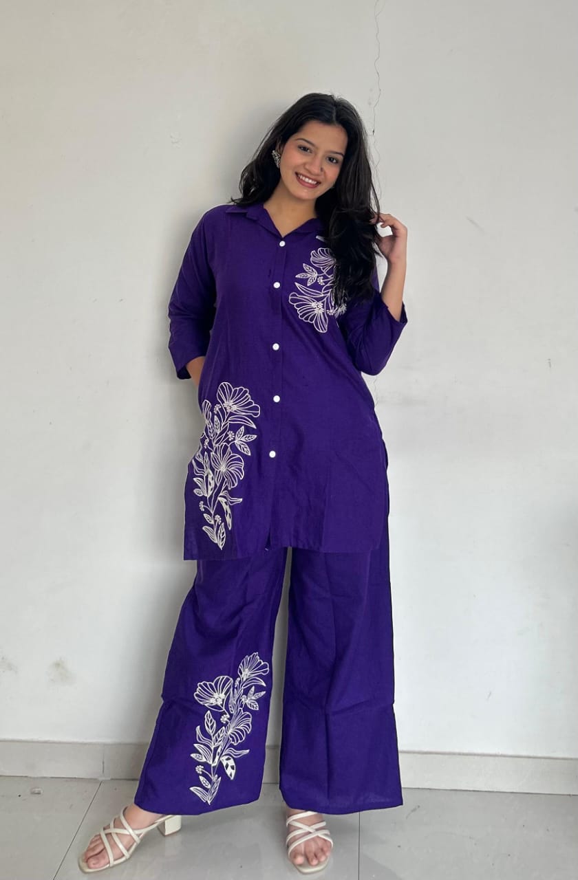 Purple Pure Cotton Button-Down Kurti and Palazzo Co-ord Set