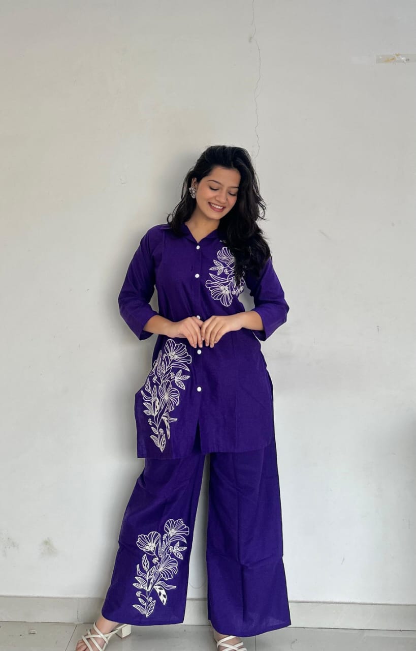 Purple Pure Cotton Button-Down Kurti and Palazzo Co-ord Set