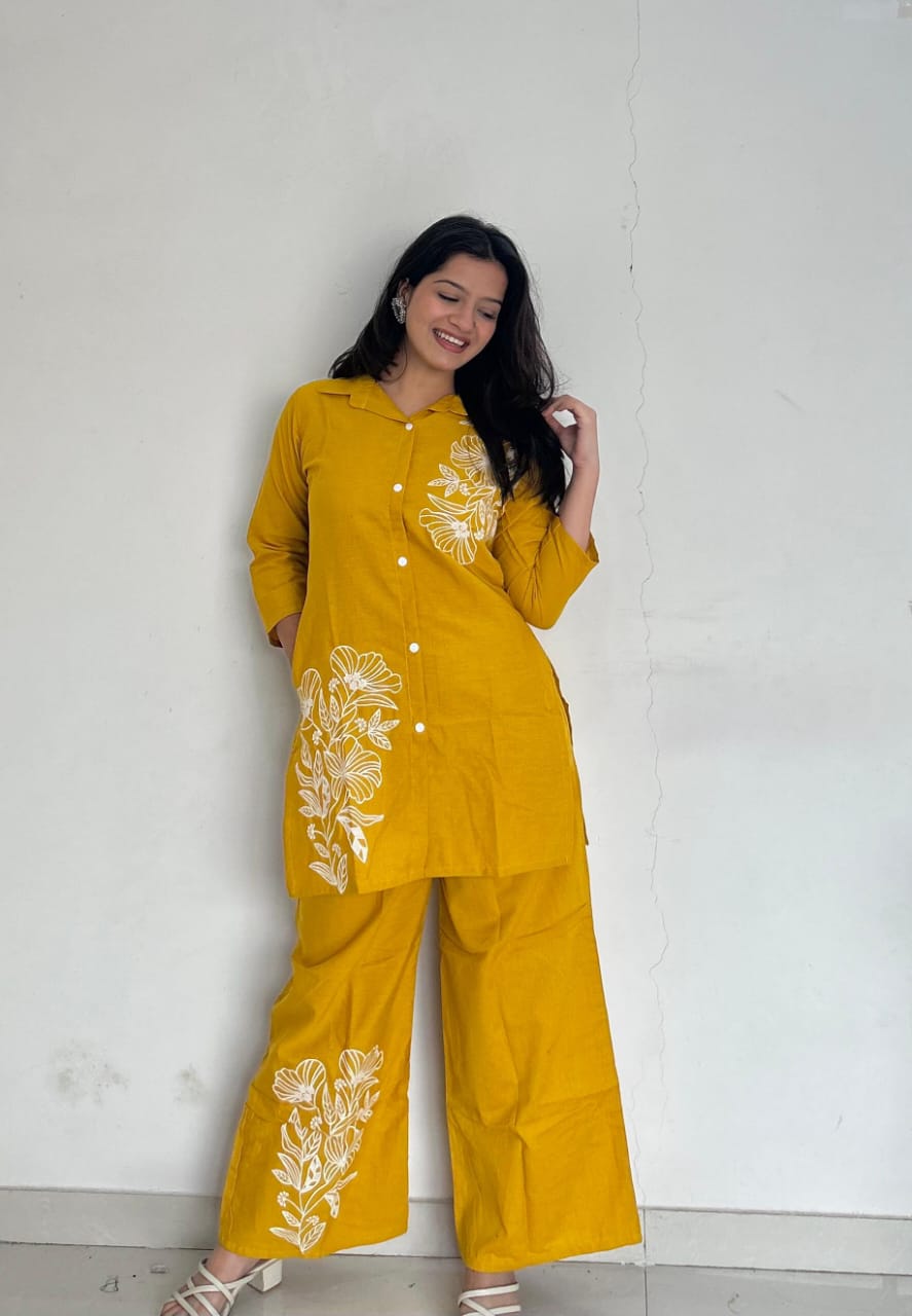 Yellow Pure Cotton Button-Down Kurti and Palazzo Co-ord Set