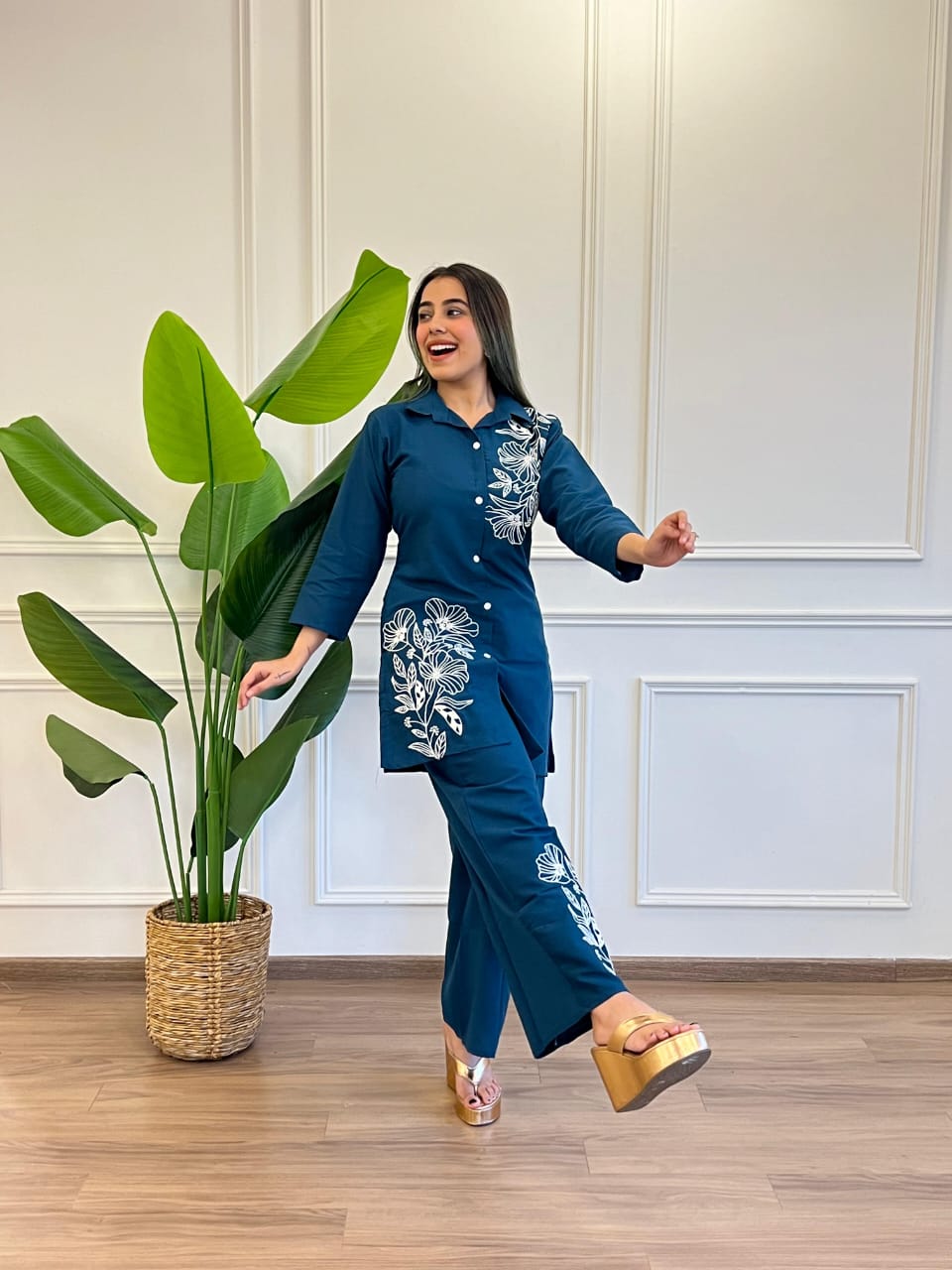 Teal Pure Cotton Button-Down Kurti and Palazzo Co-ord Set