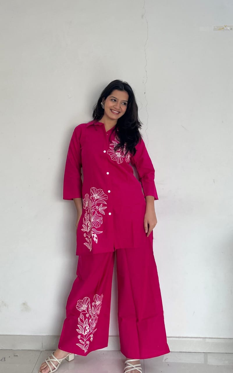 Pink Pure Cotton Button-Down Kurti and Palazzo Co-ord Set