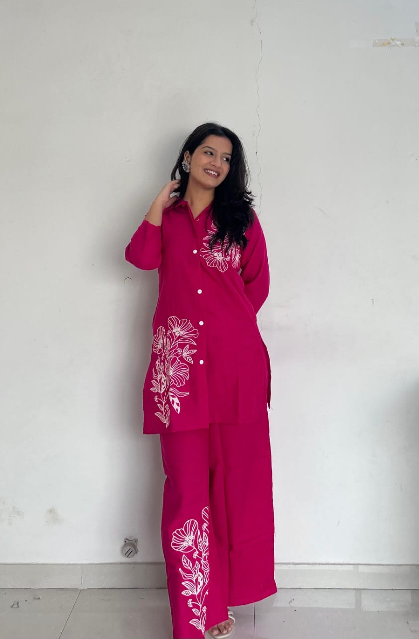 Pink Pure Cotton Button-Down Kurti and Palazzo Co-ord Set
