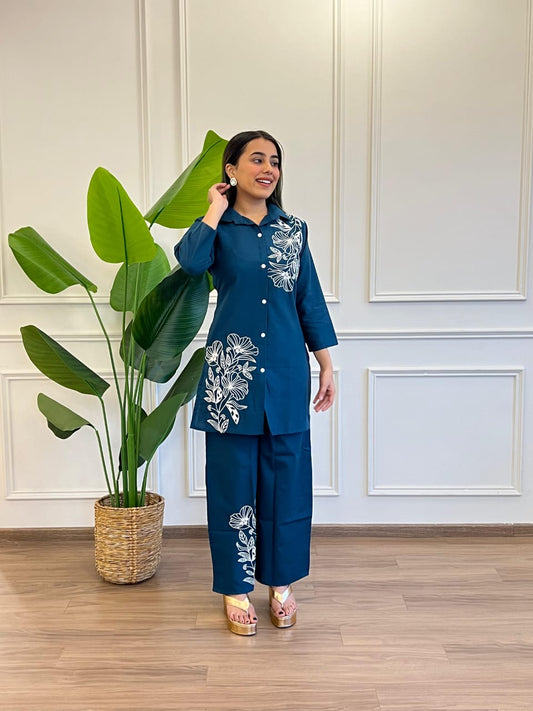 Teal Pure Cotton Button-Down Kurti and Palazzo Co-ord Set
