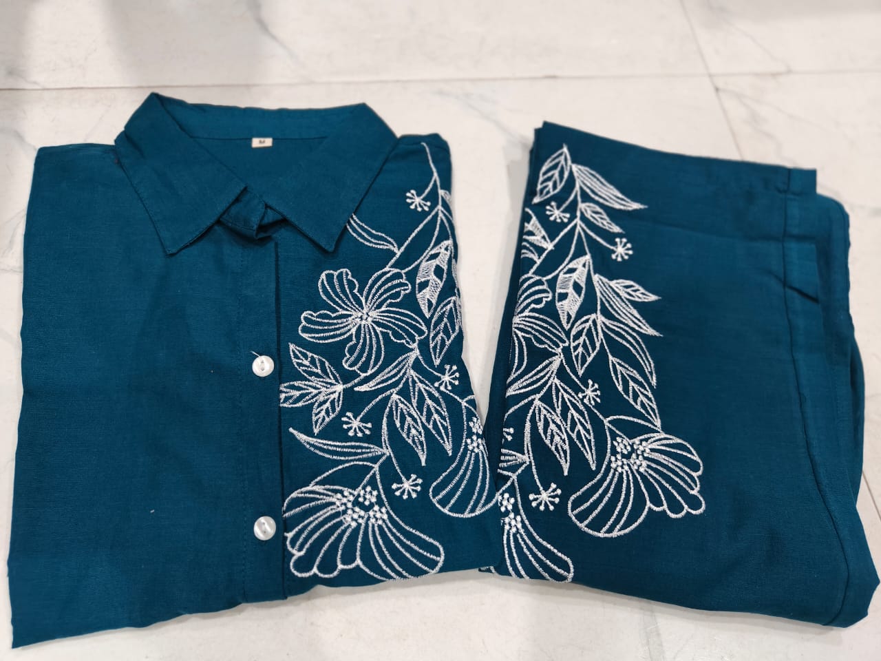 Teal Pure Cotton Button-Down Kurti and Palazzo Co-ord Set