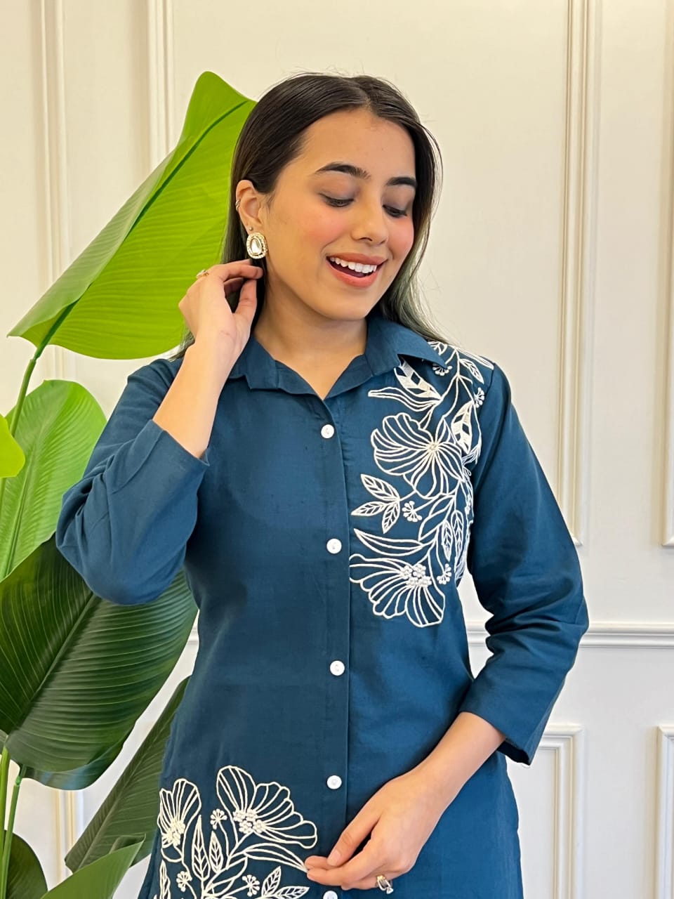 Teal Pure Cotton Button-Down Kurti and Palazzo Co-ord Set